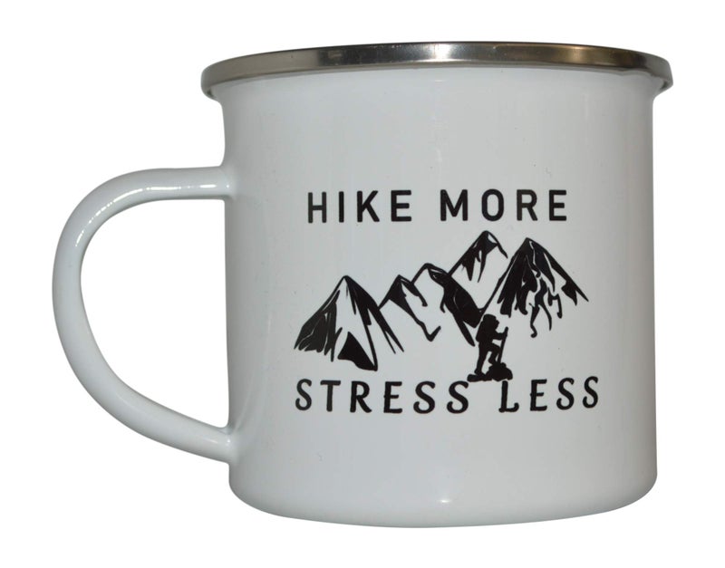 Rogue River Tactical Funny Camp Mug Enamel Camping Coffee Cup Gift Hike More Stress Less Camping Gear - Image 1